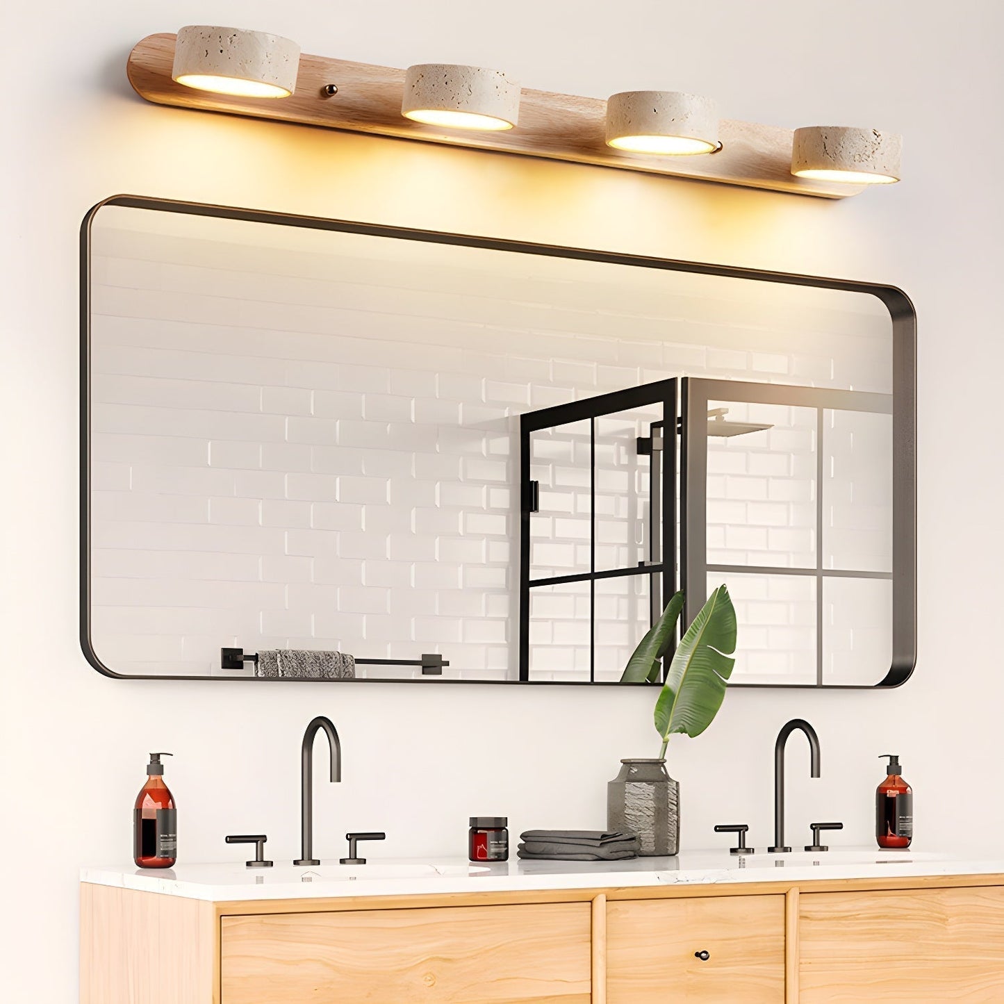 Wall Lamp Scandinavian with Travertine Stone Shades and Wood Base