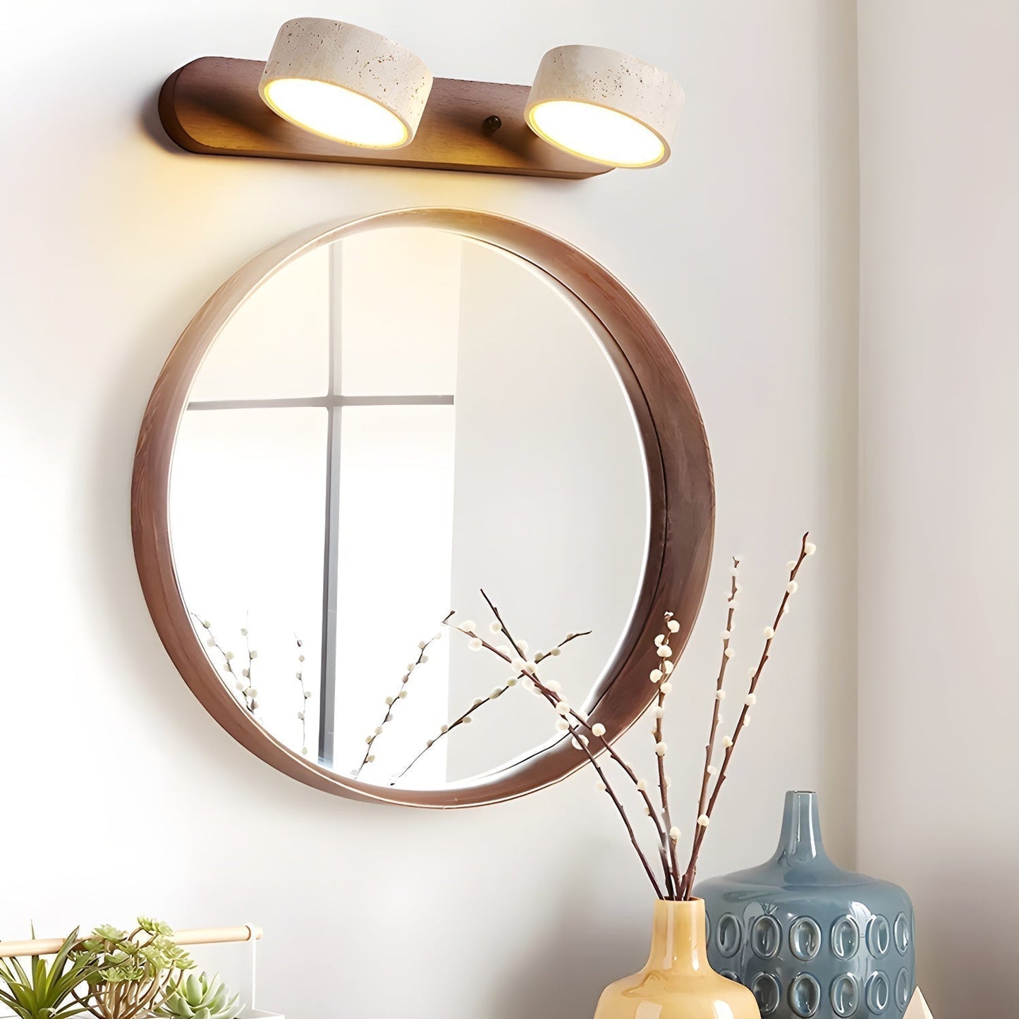 Wall Lamp Scandinavian with Travertine Stone Shades and Wood Base