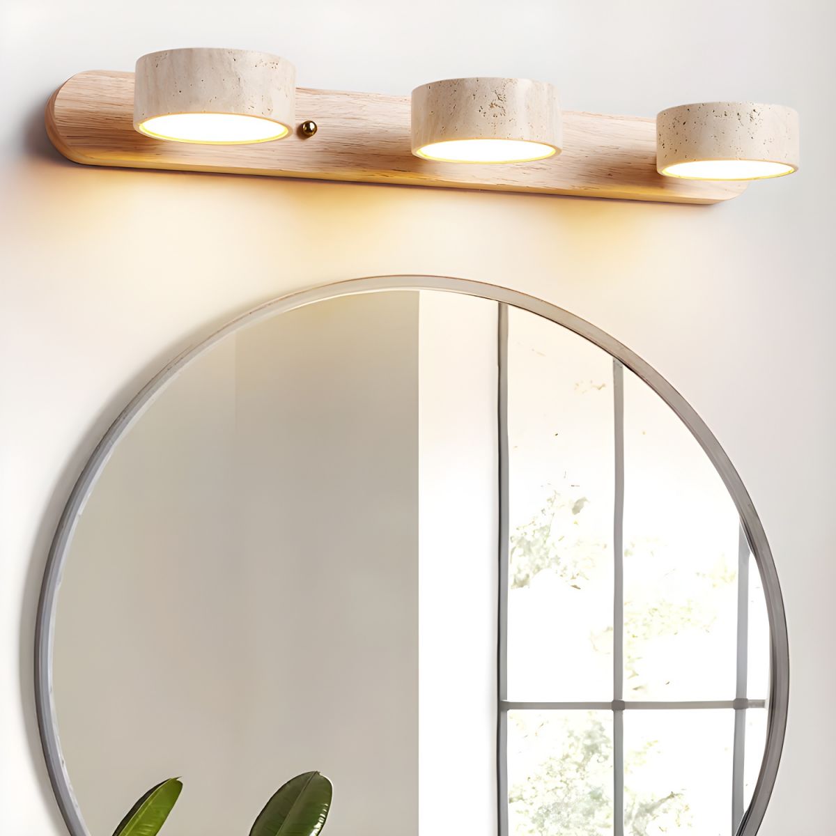 Wall Lamp Scandinavian with Travertine Stone Shades and Wood Base