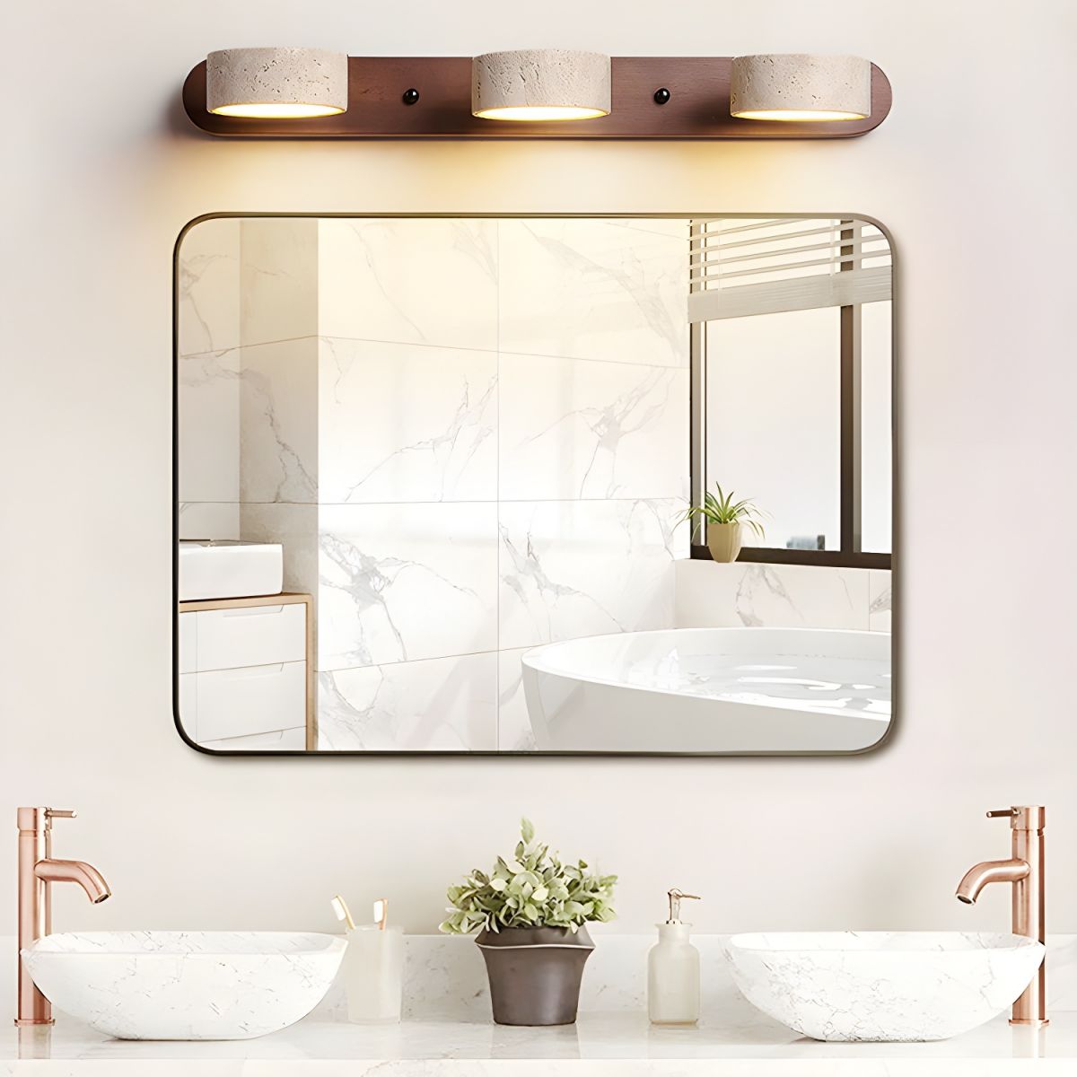 Wall Lamp Scandinavian with Travertine Stone Shades and Wood Base