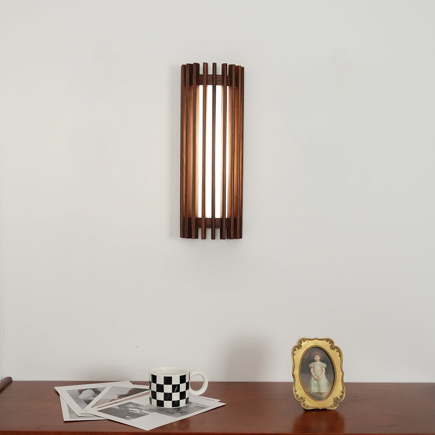 Wall Lamp Scandinavian with Wooden Slat Shade and Integrated LED