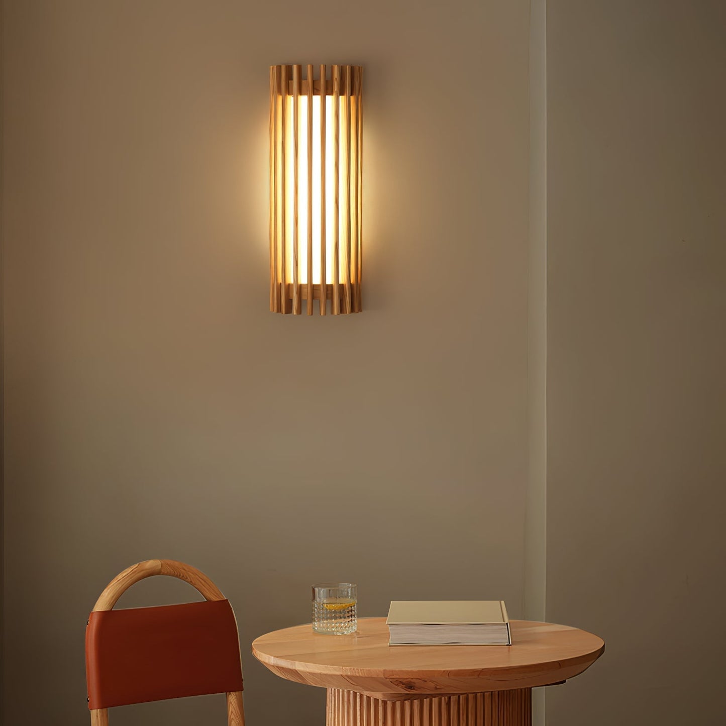 Wall Lamp Scandinavian with Wooden Slat Shade and Integrated LED