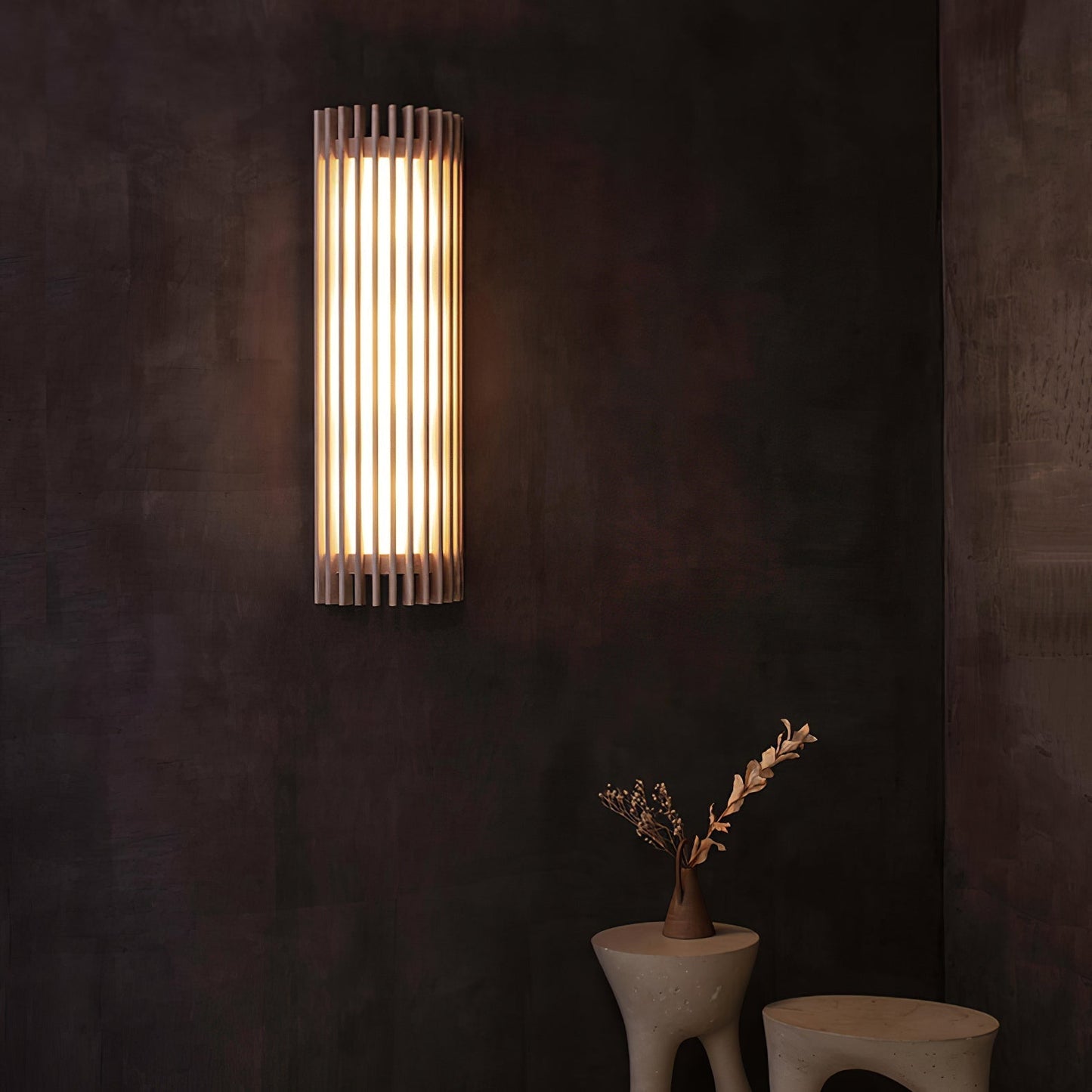 Wall Lamp Scandinavian with Wooden Slat Shade and Integrated LED