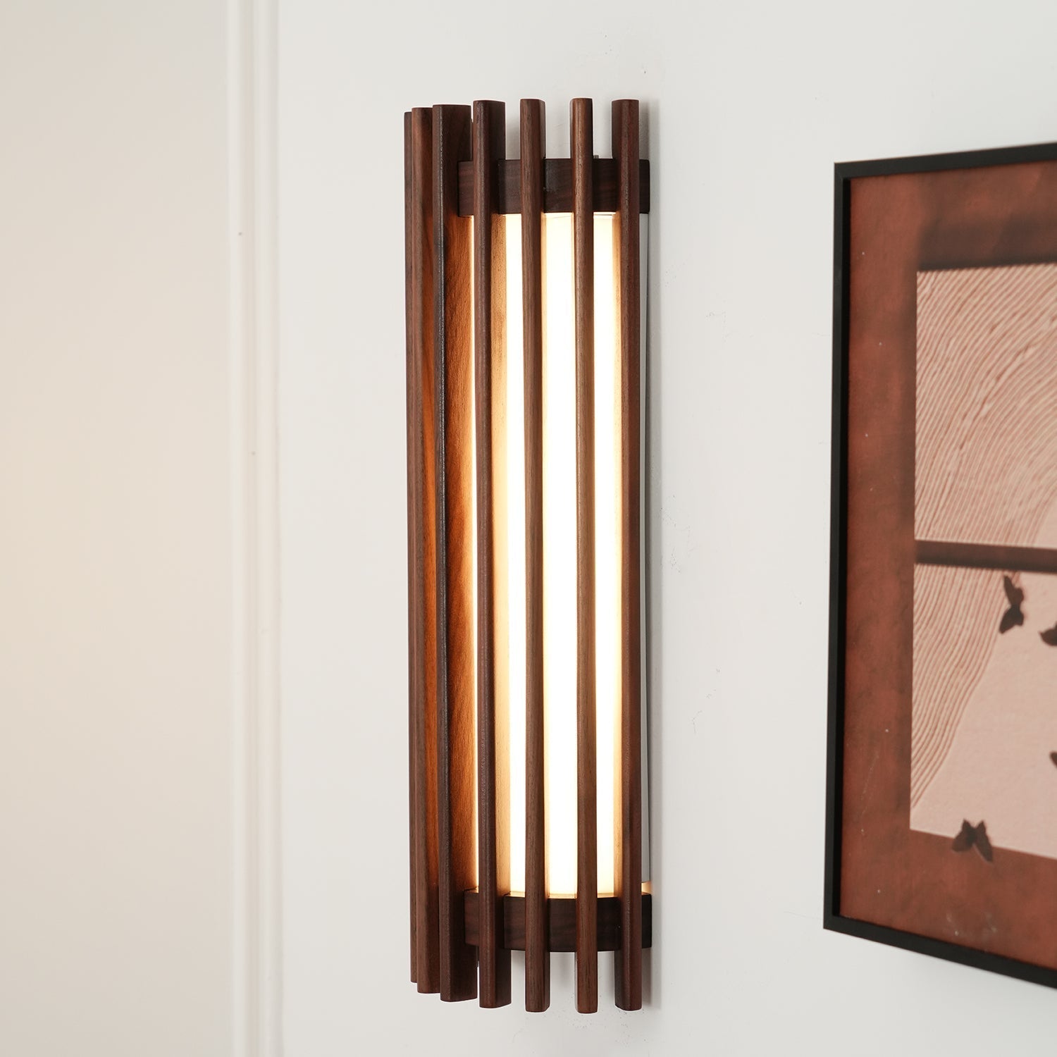 Wall Lamp Scandinavian with Wooden Slat Shade and Integrated LED