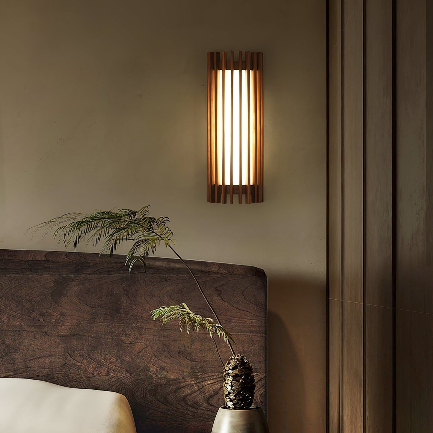 Wall Lamp Scandinavian with Wooden Slat Shade and Integrated LED
