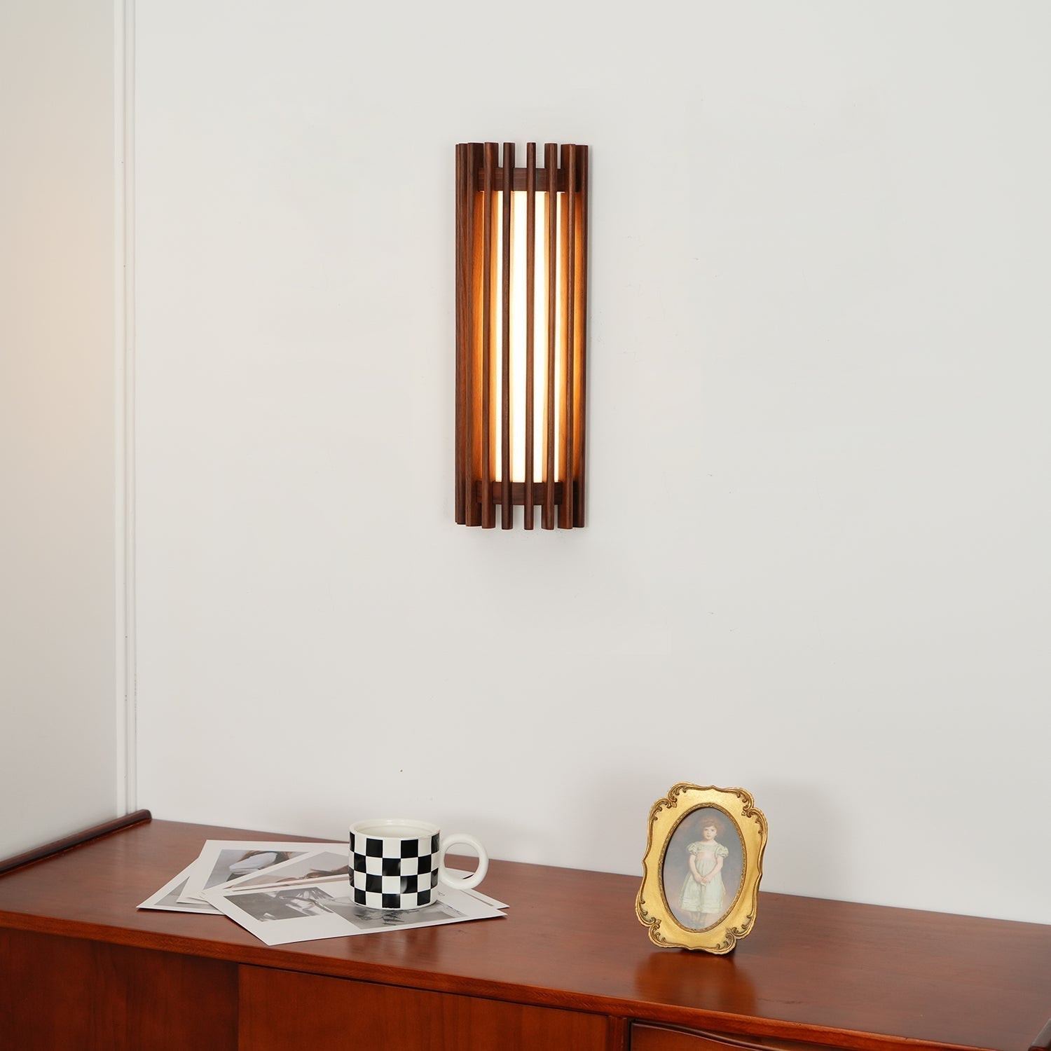 Wall Lamp Scandinavian with Wooden Slat Shade and Integrated LED