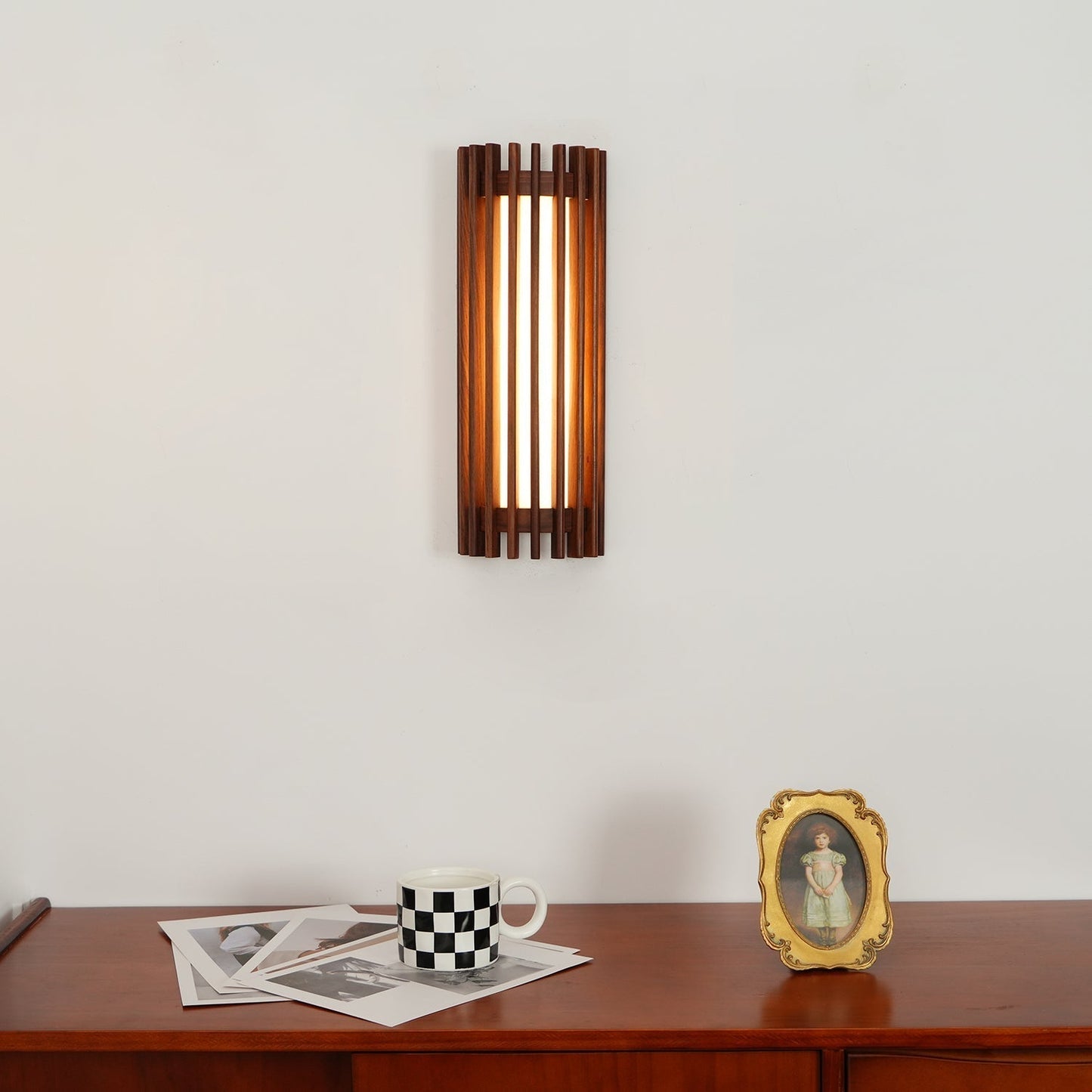 Wall Lamp Scandinavian with Wooden Slat Shade and Integrated LED