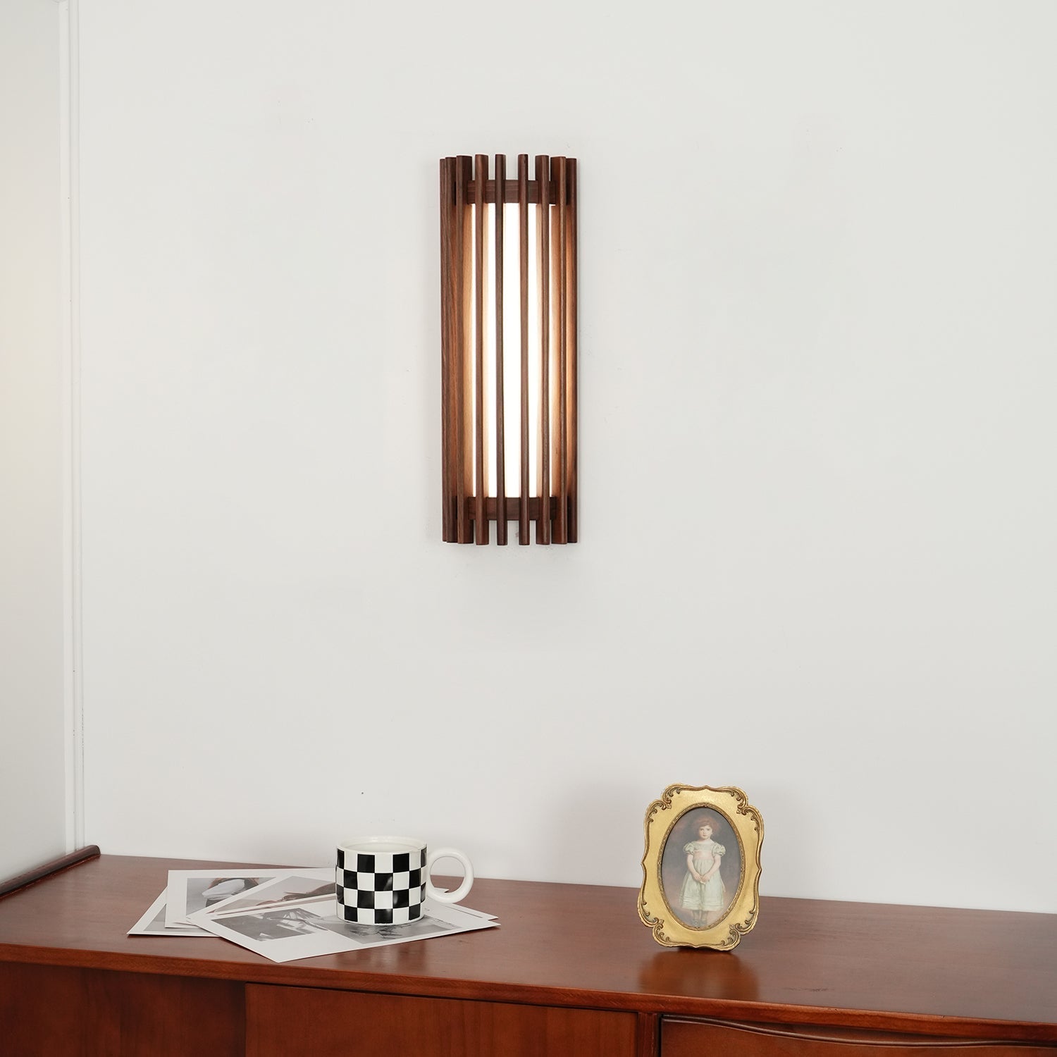 Wall Lamp Scandinavian with Wooden Slat Shade and Integrated LED