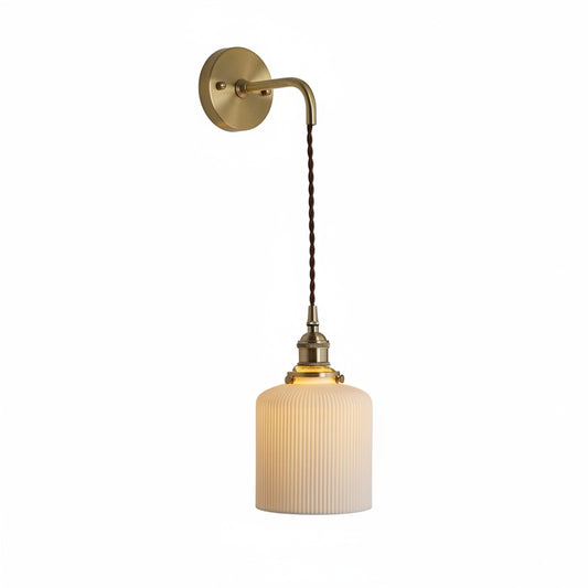 Wall Lamp Vintage with Ribbed Ceramic Shade and Brass Arm