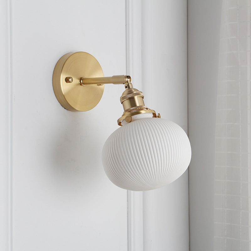 Wall Lamp Vintage with Ribbed Ceramic Shade and Brass Arm
