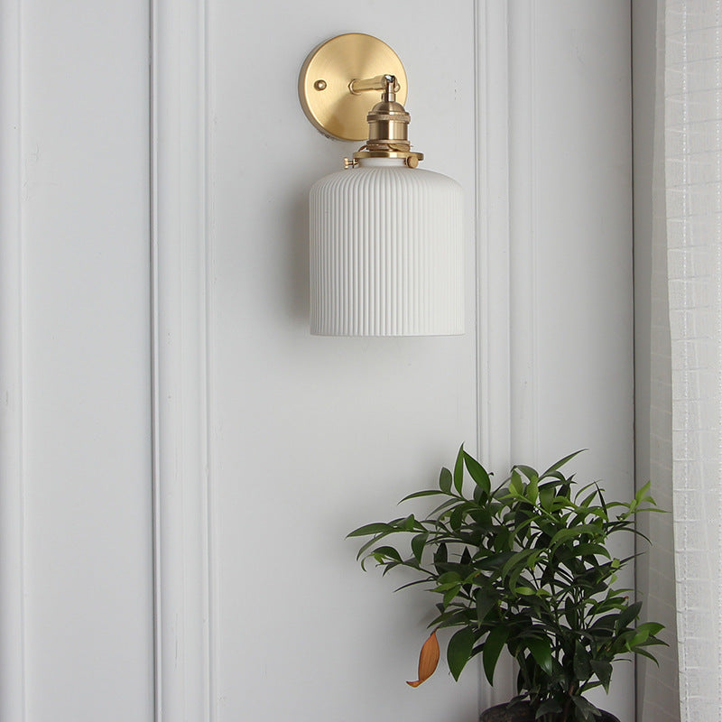 Wall Lamp Vintage with Ribbed Ceramic Shade and Brass Arm