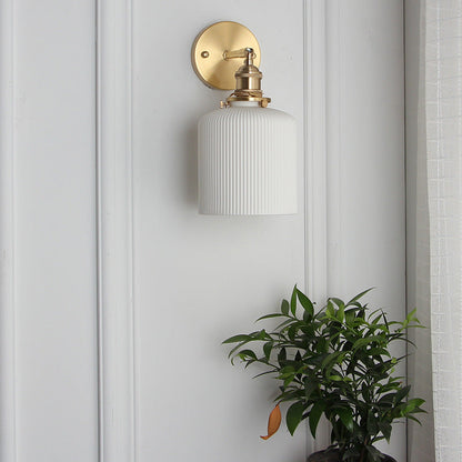 Wall Lamp Vintage with Ribbed Ceramic Shade and Brass Arm
