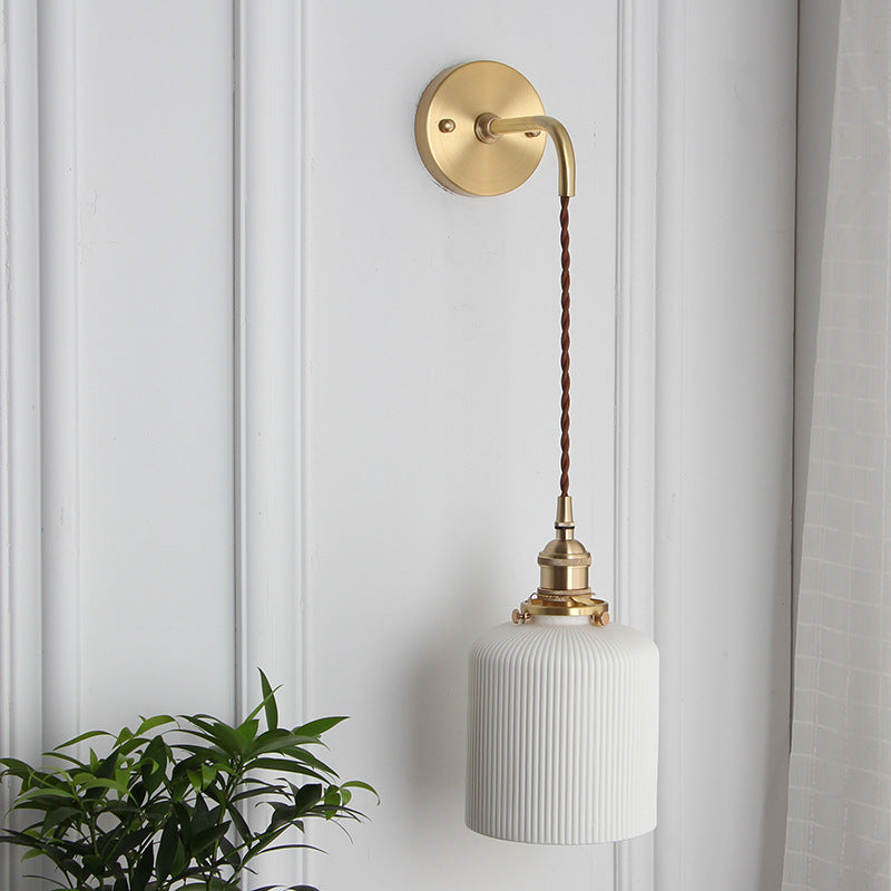 Wall Lamp Vintage with Ribbed Ceramic Shade and Brass Arm