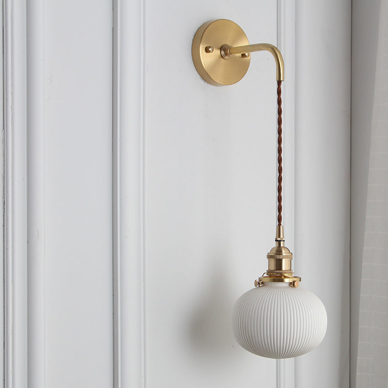 Wall Lamp Vintage with Ribbed Ceramic Shade and Brass Arm