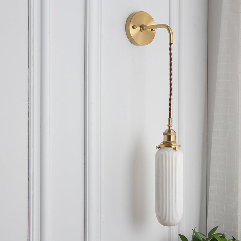Wall Lamp Vintage with Ribbed Ceramic Shade and Brass Arm