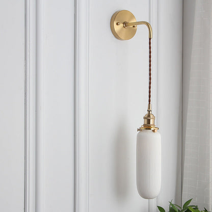 Wall Lamp Vintage with Ribbed Ceramic Shade and Brass Arm