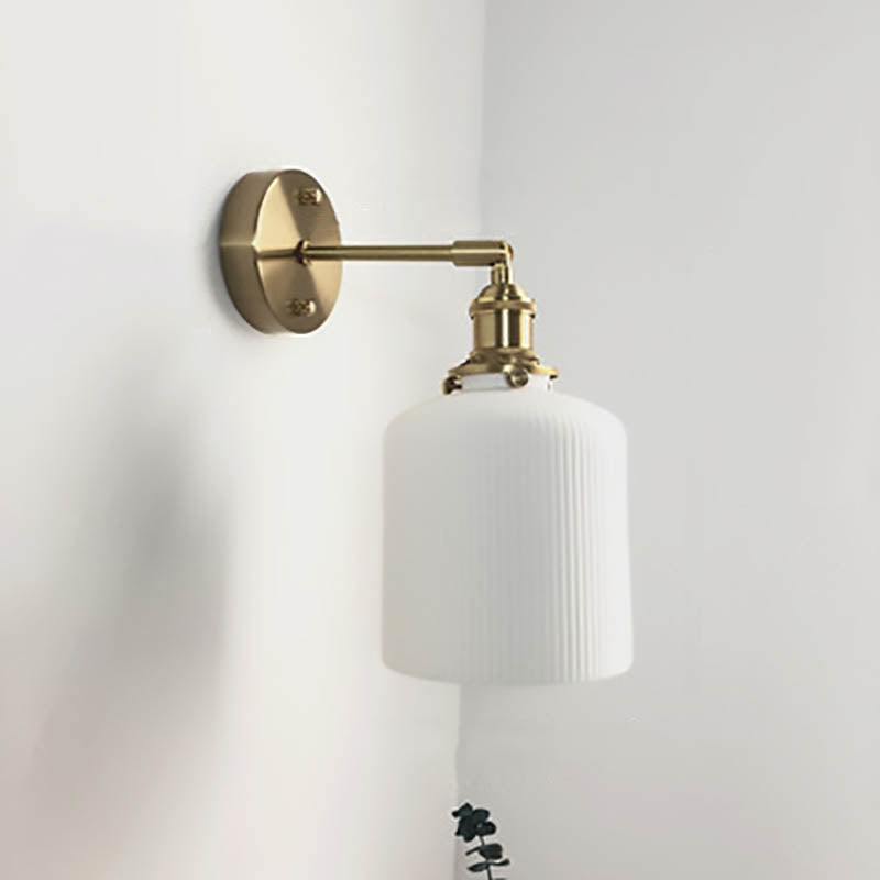 Wall Lamp Vintage with Ribbed Ceramic Shade and Brass Arm