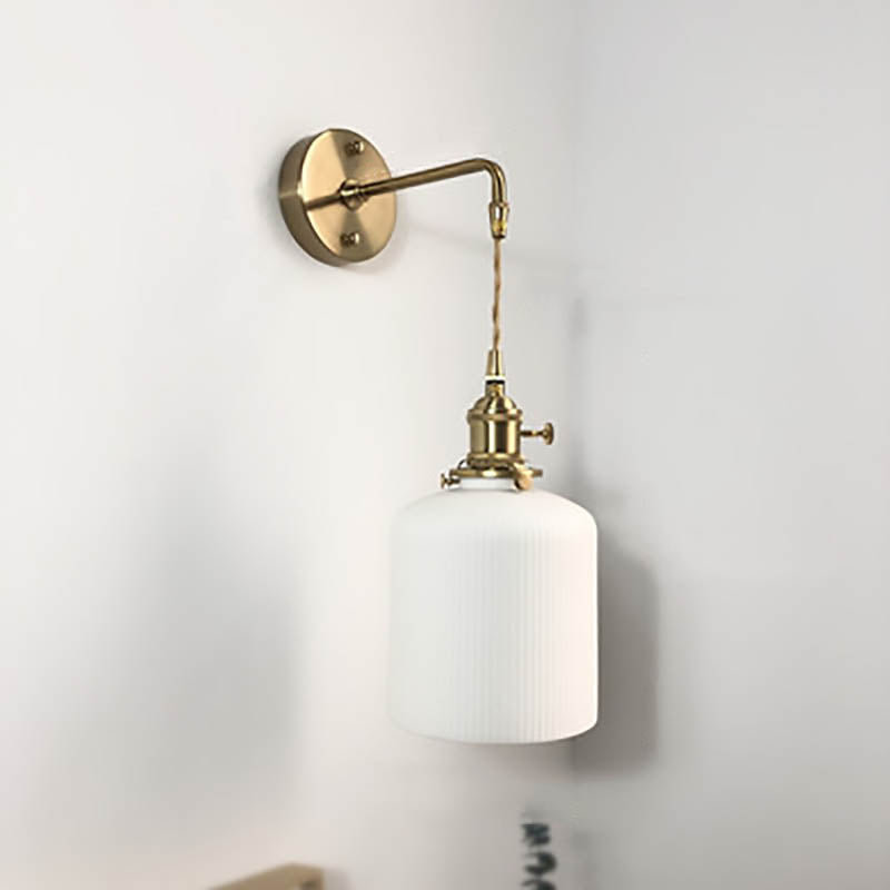 Wall Lamp Vintage with Ribbed Ceramic Shade and Brass Arm