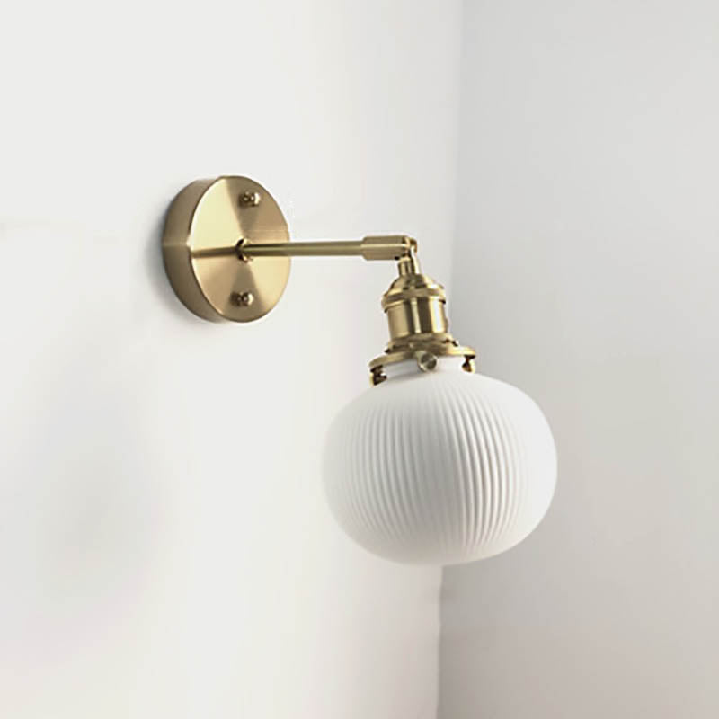 Wall Lamp Vintage with Ribbed Ceramic Shade and Brass Arm