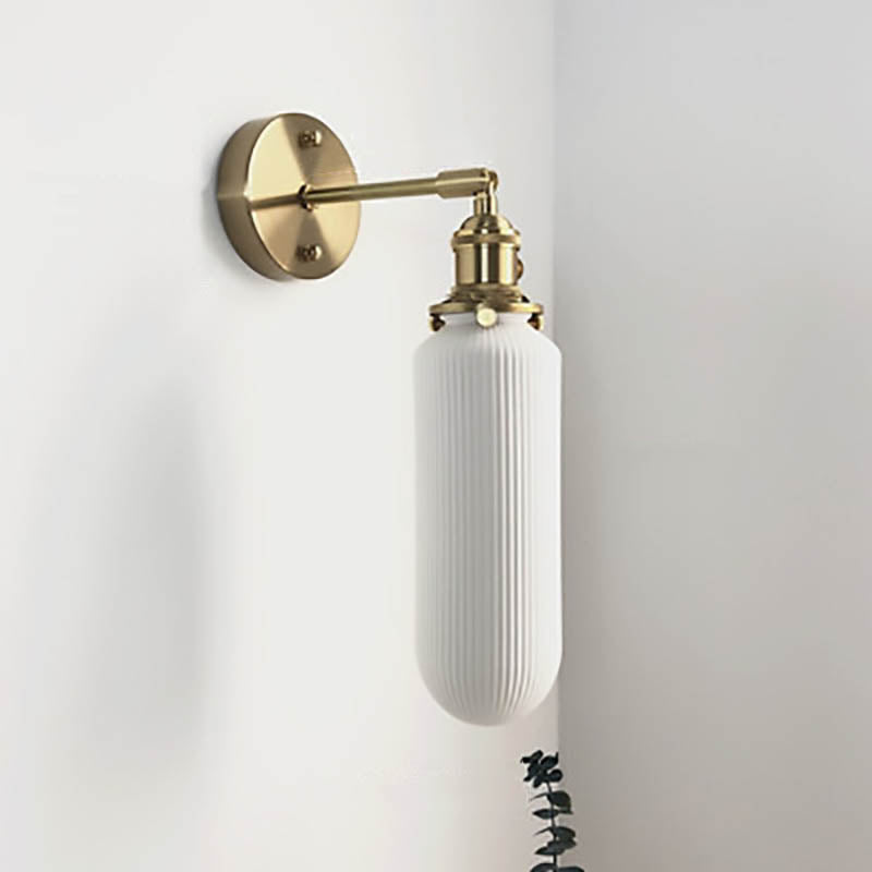 Wall Lamp Vintage with Ribbed Ceramic Shade and Brass Arm