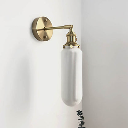 Wall Lamp Vintage with Ribbed Ceramic Shade and Brass Arm