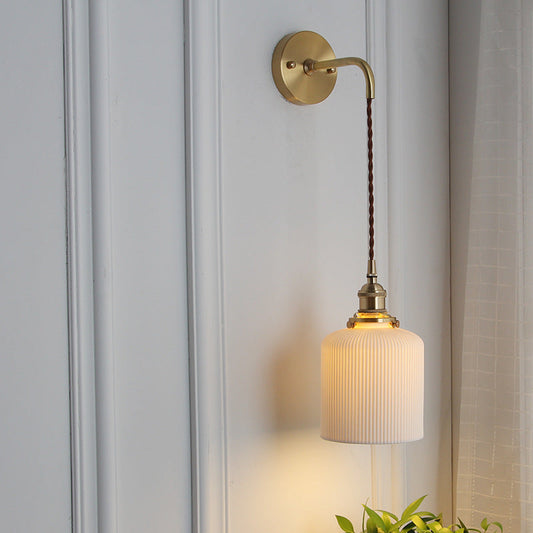 Wall Lamp Vintage with Ribbed Ceramic Shade and Brass Arm