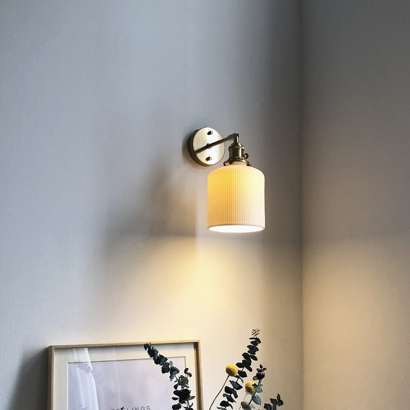 Wall Lamp Vintage with Ribbed Ceramic Shade and Brass Arm