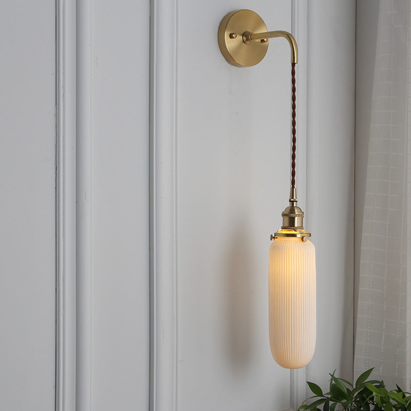 Wall Lamp Vintage with Ribbed Ceramic Shade and Brass Arm