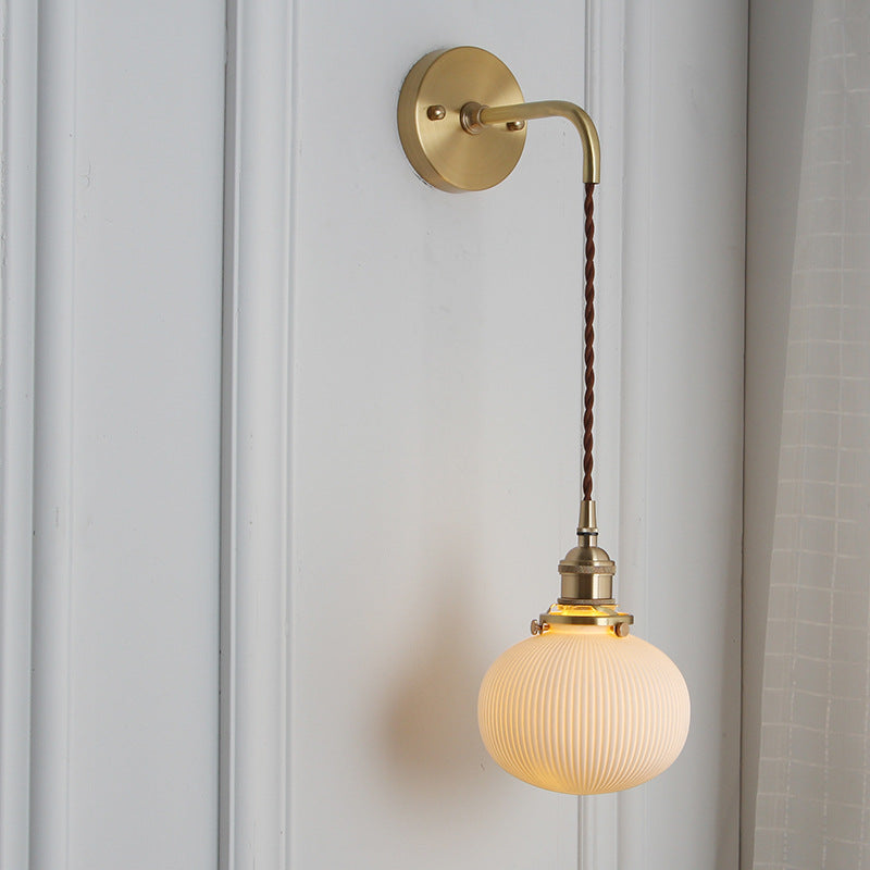 Wall Lamp Vintage with Ribbed Ceramic Shade and Brass Arm