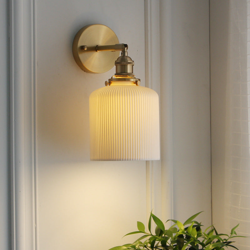 Wall Lamp Vintage with Ribbed Ceramic Shade and Brass Arm
