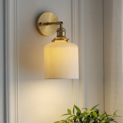 Wall Lamp Vintage with Ribbed Ceramic Shade and Brass Arm