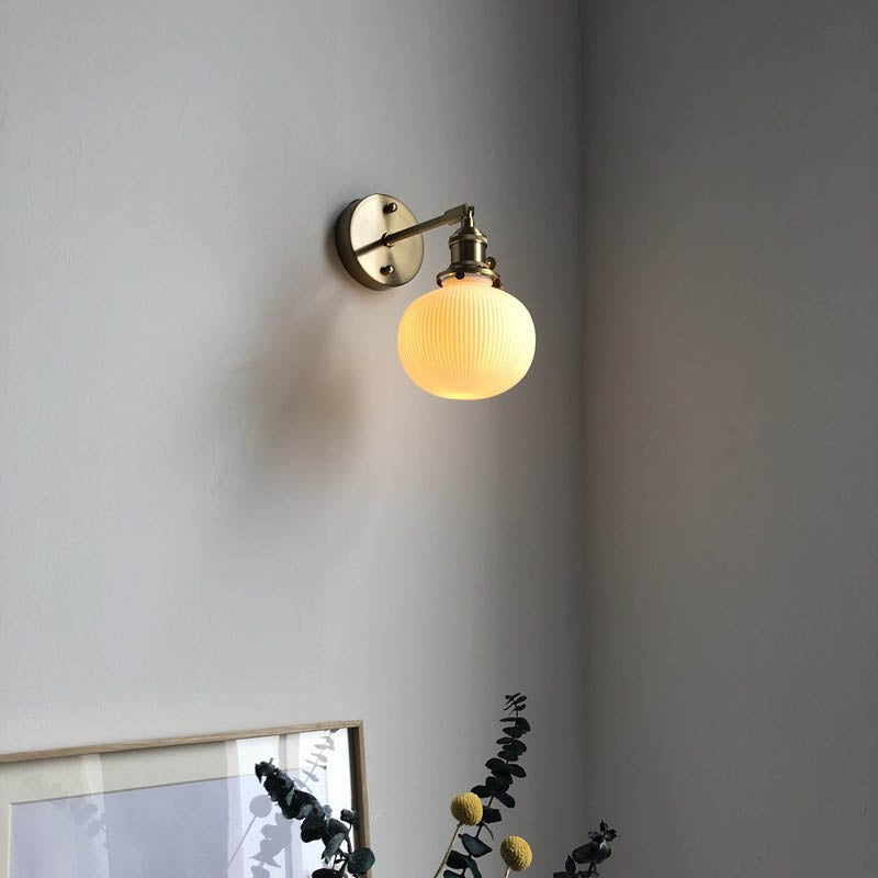 Wall Lamp Vintage with Ribbed Ceramic Shade and Brass Arm