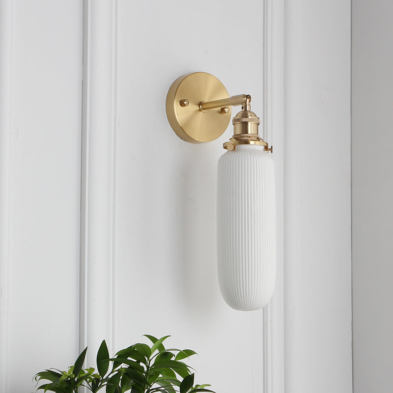 Wall Lamp Vintage with Ribbed Ceramic Shade and Brass Arm