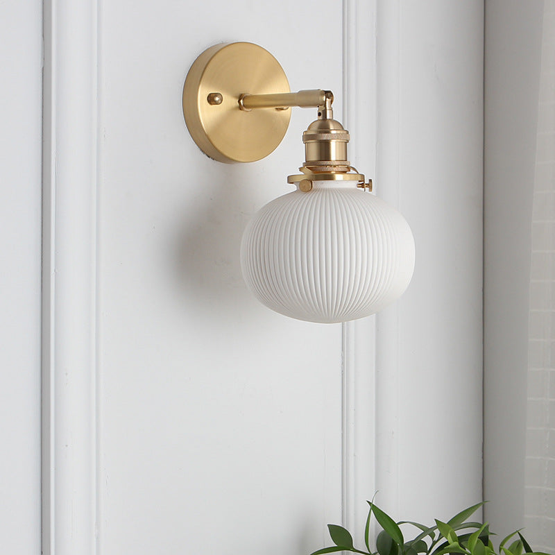 Wall Lamp Vintage with Ribbed Ceramic Shade and Brass Arm
