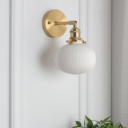Wall Lamp Vintage with Ribbed Ceramic Shade and Brass Arm