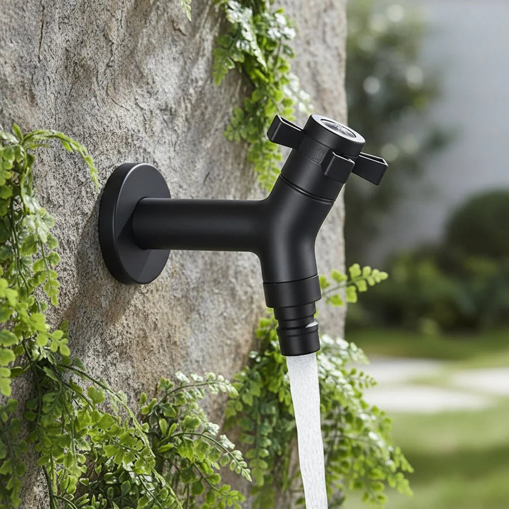 Wall-Mounted Outdoor Faucet with Cross Handle and Hose Connector