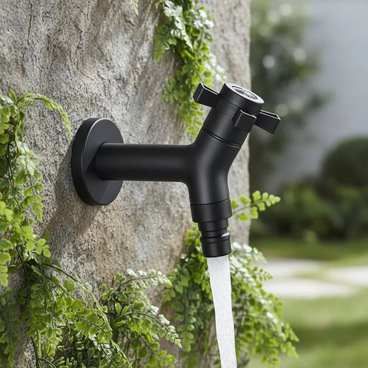Wall-Mounted Outdoor Faucet with Cross Handle and Hose Connector