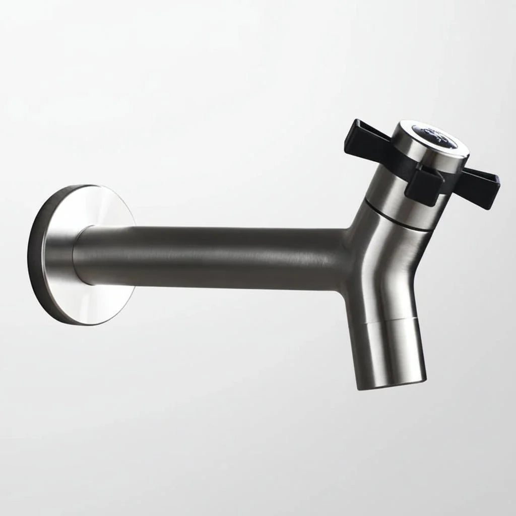 Wall-Mounted Outdoor Faucet with Cross Handle and Hose Connector