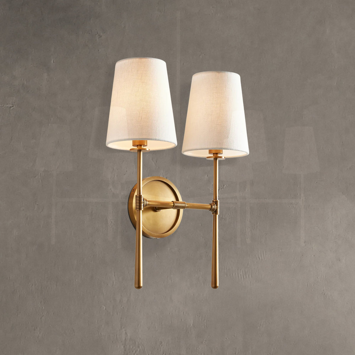 Wall Sconce Art Deco with Two Fabric Shades and Tapered Arm Design