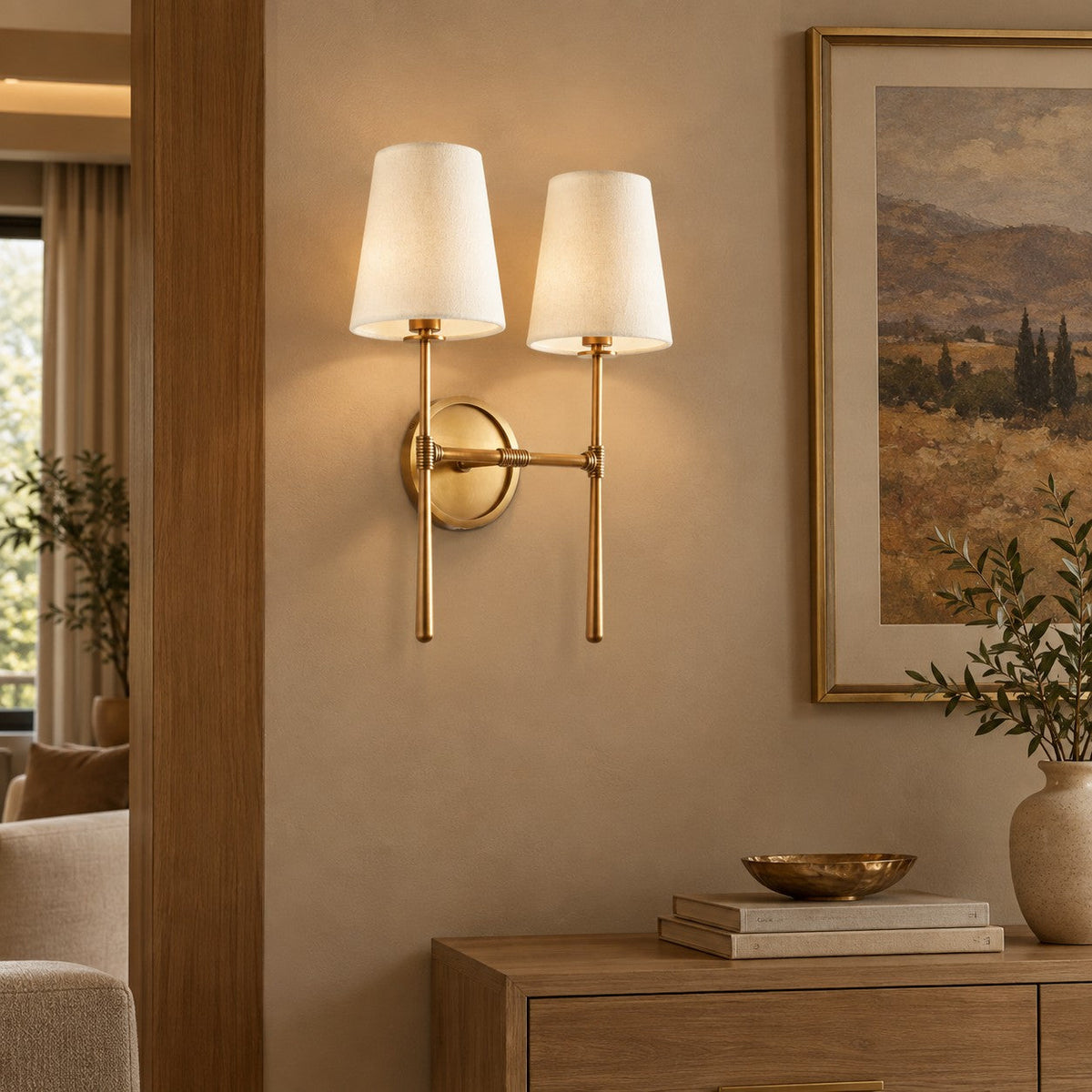 Wall Sconce Art Deco with Two Fabric Shades and Tapered Arm Design