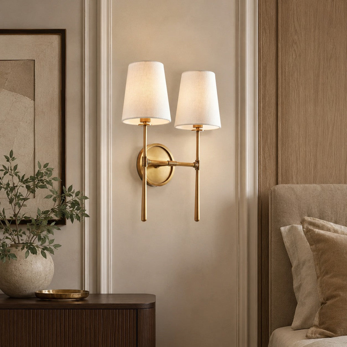 Wall Sconce Art Deco with Two Fabric Shades and Tapered Arm Design