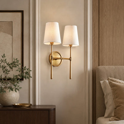 Wall Sconce Art Deco with Two Fabric Shades and Tapered Arm Design