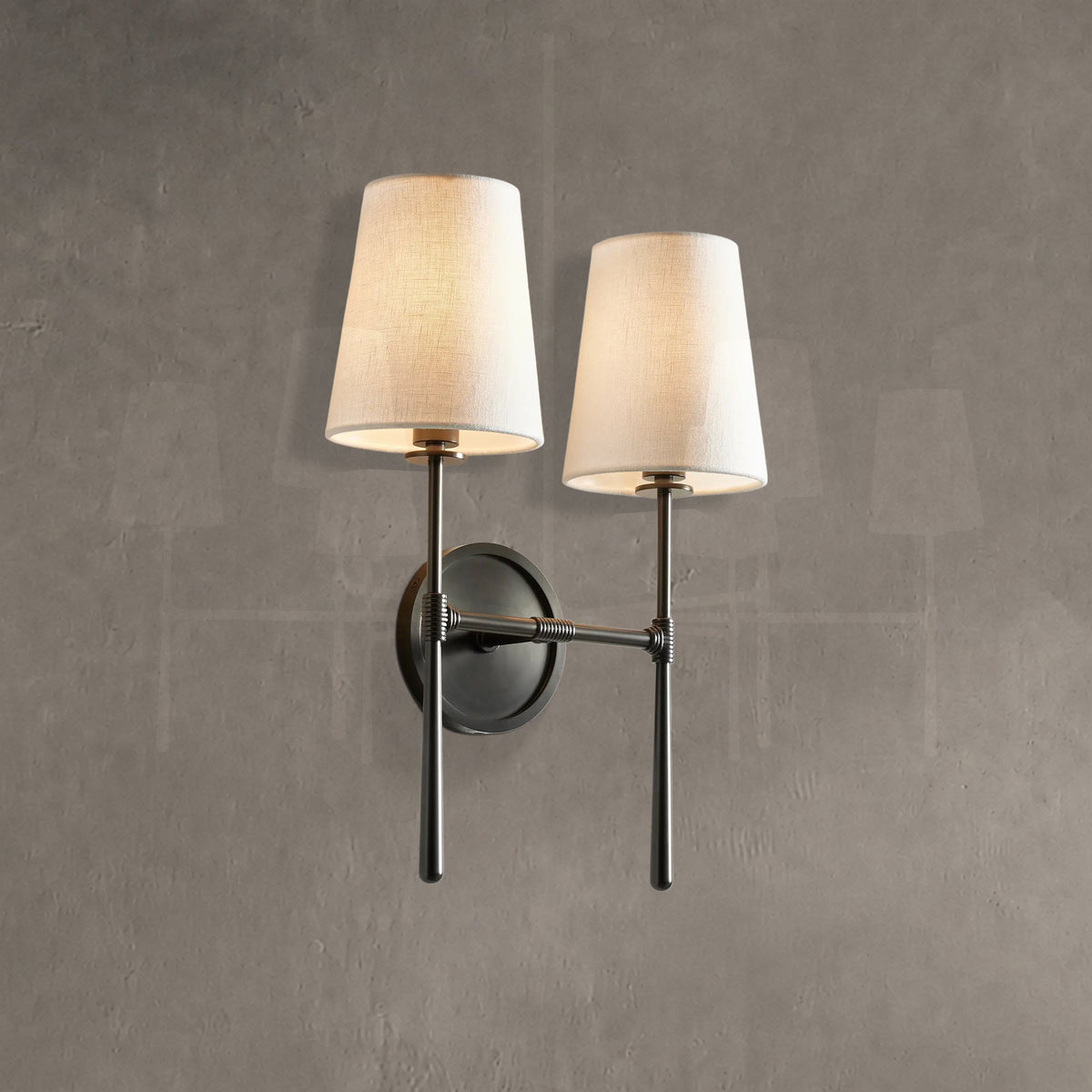 Wall Sconce Art Deco with Two Fabric Shades and Tapered Arm Design