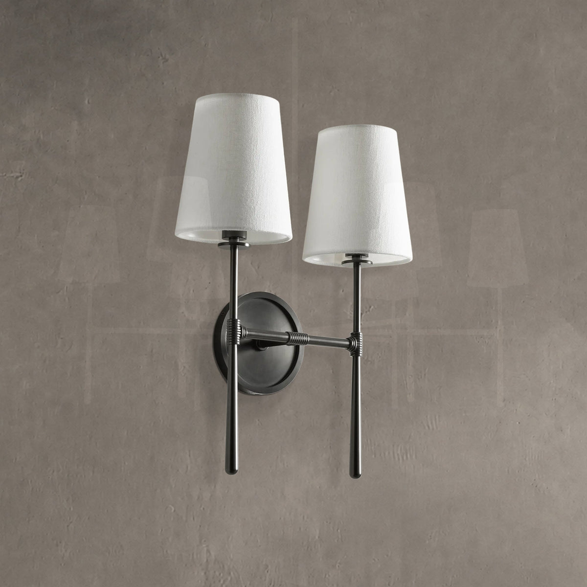 Wall Sconce Art Deco with Two Fabric Shades and Tapered Arm Design