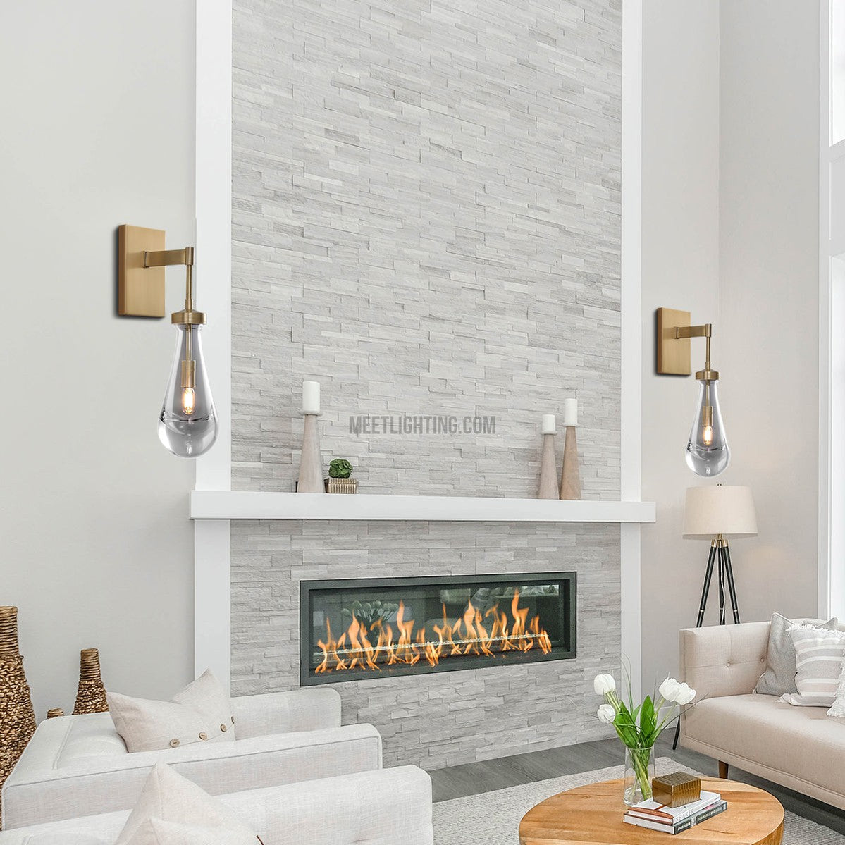 Wall Sconce Modern with Teardrop Glass Shade and Brass Finish