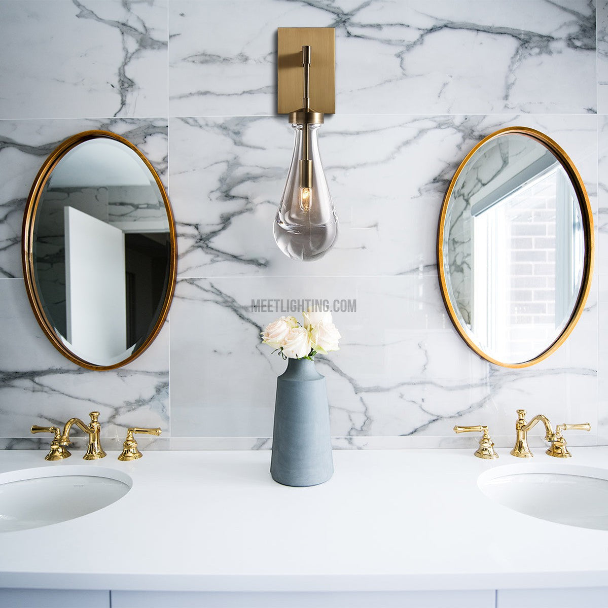 Wall Sconce Modern with Teardrop Glass Shade and Brass Finish