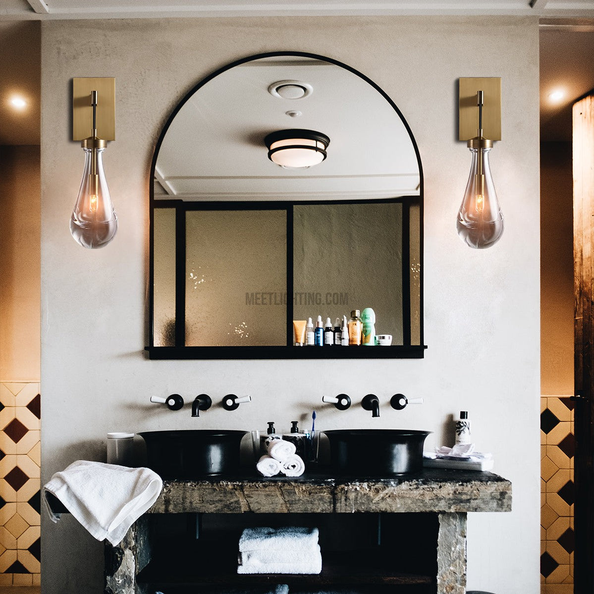 Wall Sconce Modern with Teardrop Glass Shade and Brass Finish