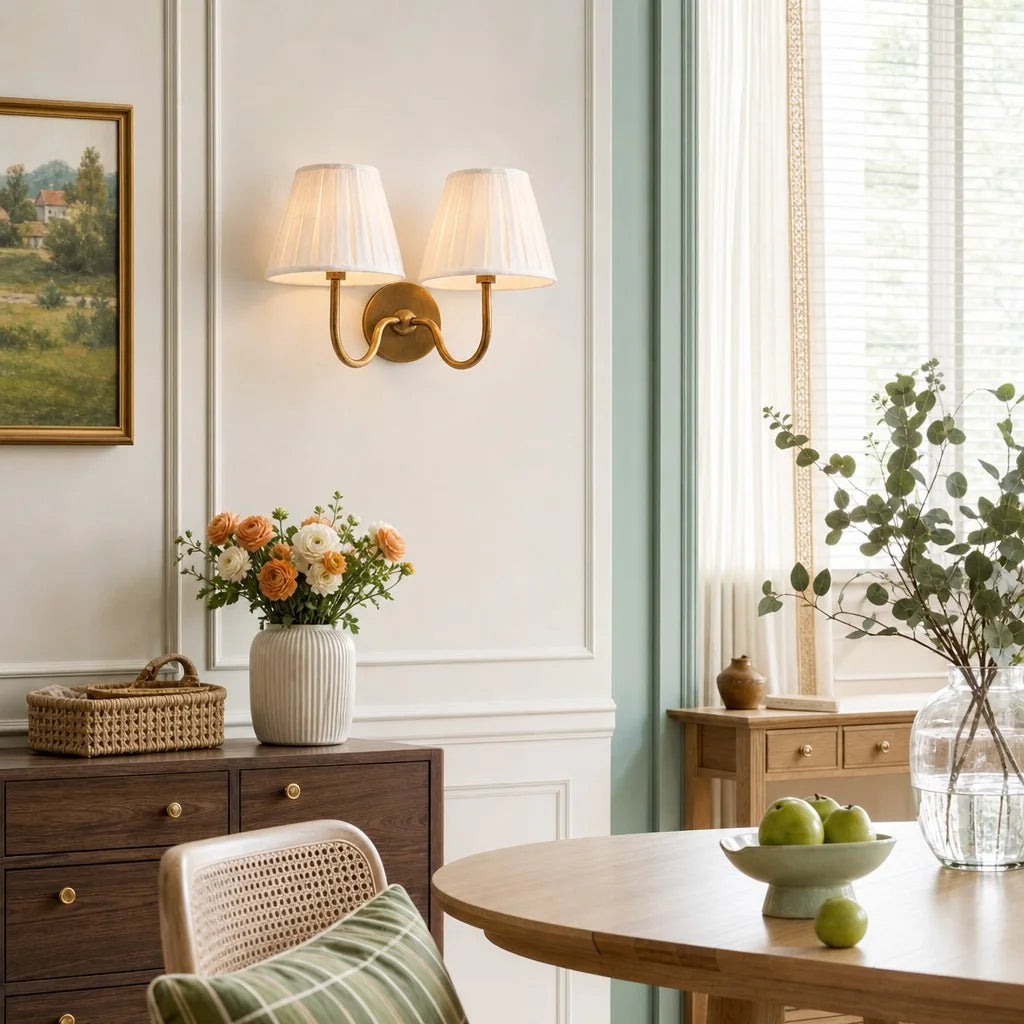 Wall Sconce Vintage with Pleated Fabric Shade, Single or Double Head