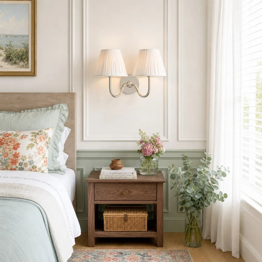 Wall Sconce Vintage with Pleated Fabric Shade, Single or Double Head