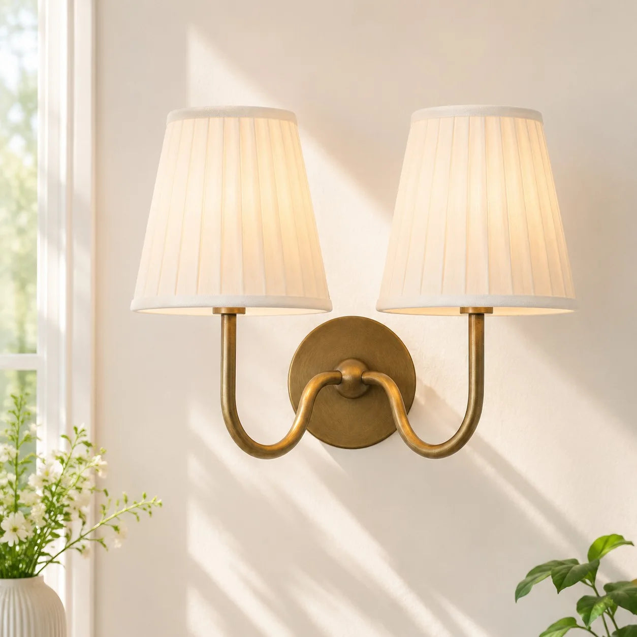 Wall Sconce Vintage with Pleated Fabric Shade, Single or Double Head